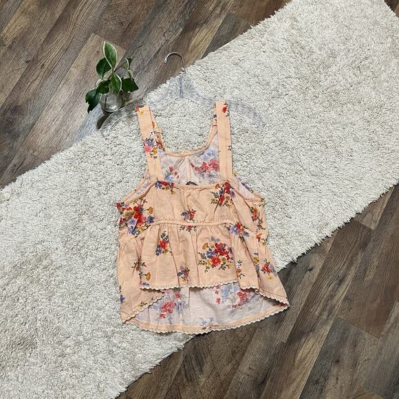 American Eagle Medium Peach Floral Lace Crochet Trim Linen Peplum Tank Top - Picture 6 of 6
